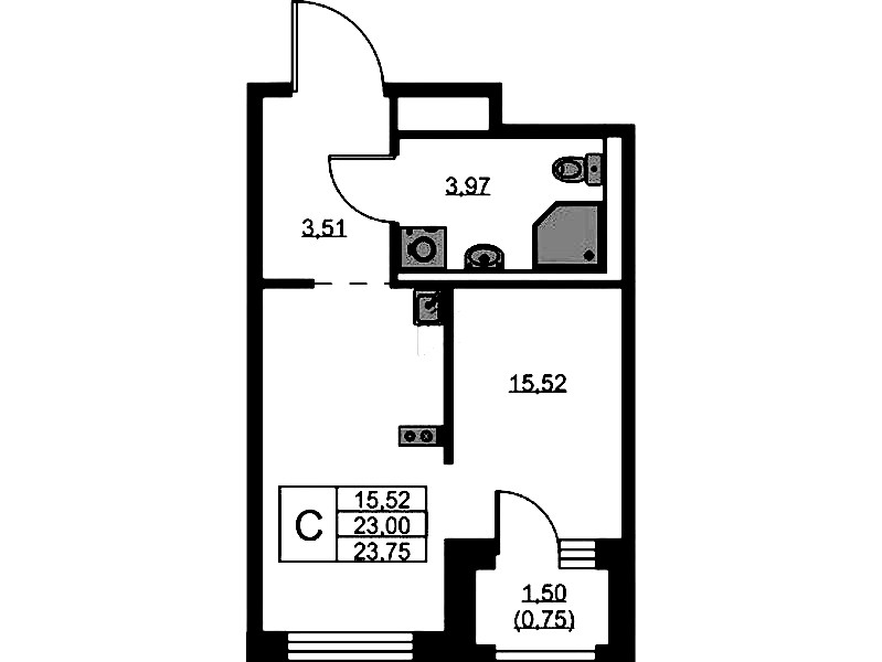 Квартира студия 23.75 м², 1/9 эт., ЖК «GloraX Новоселье»